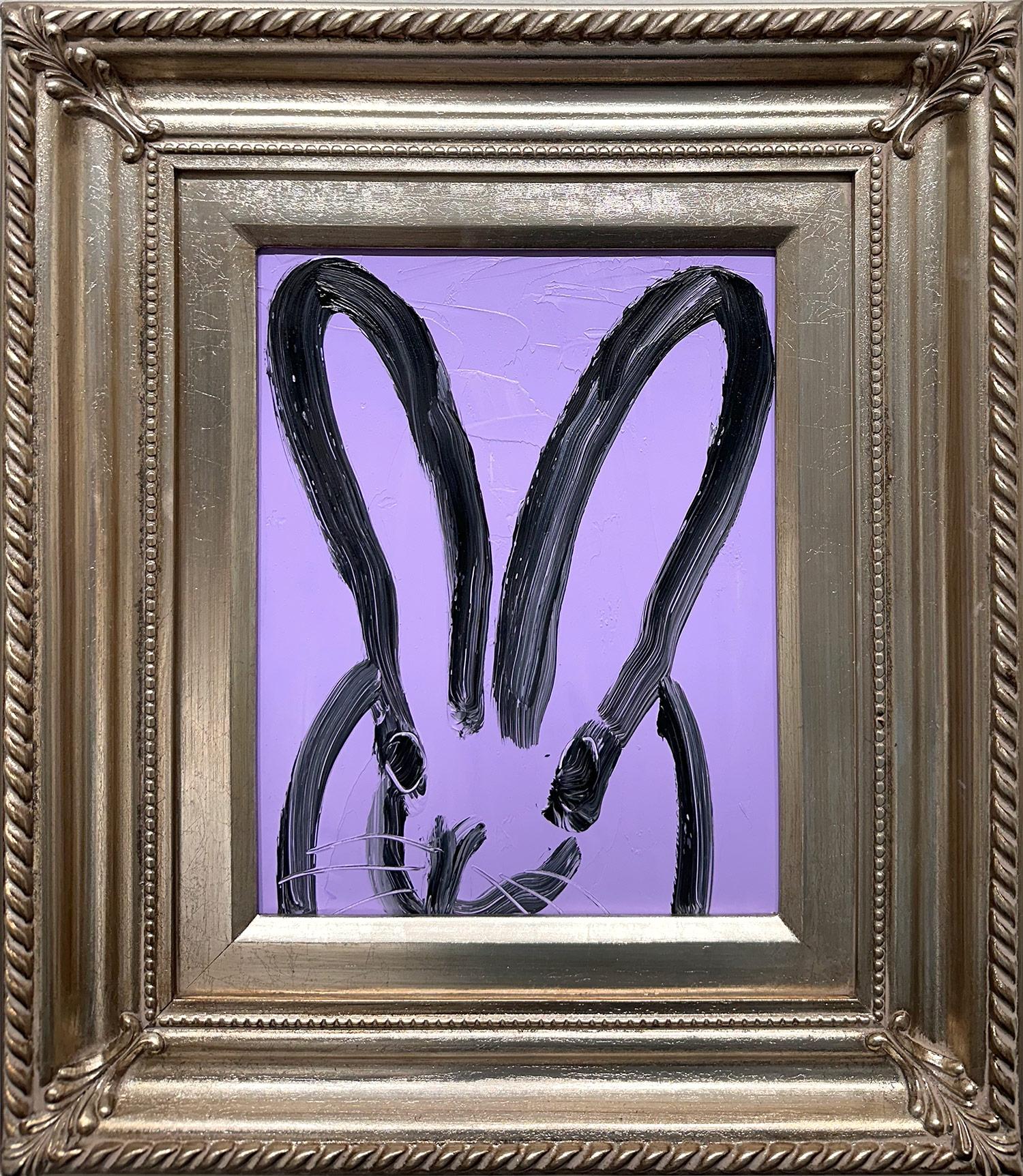 Hunt Slonem Animal Painting - "Mia" Black Bunny on Lavender Purple Background Oil Painting on Wood Panel