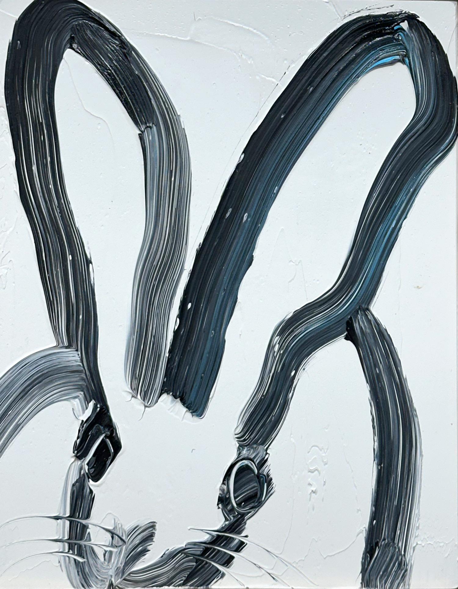 „Michael“ Schwarzer Hase auf weißem Hintergrund, Ölgemälde auf Holzplatte, gerahmt – Painting von Hunt Slonem