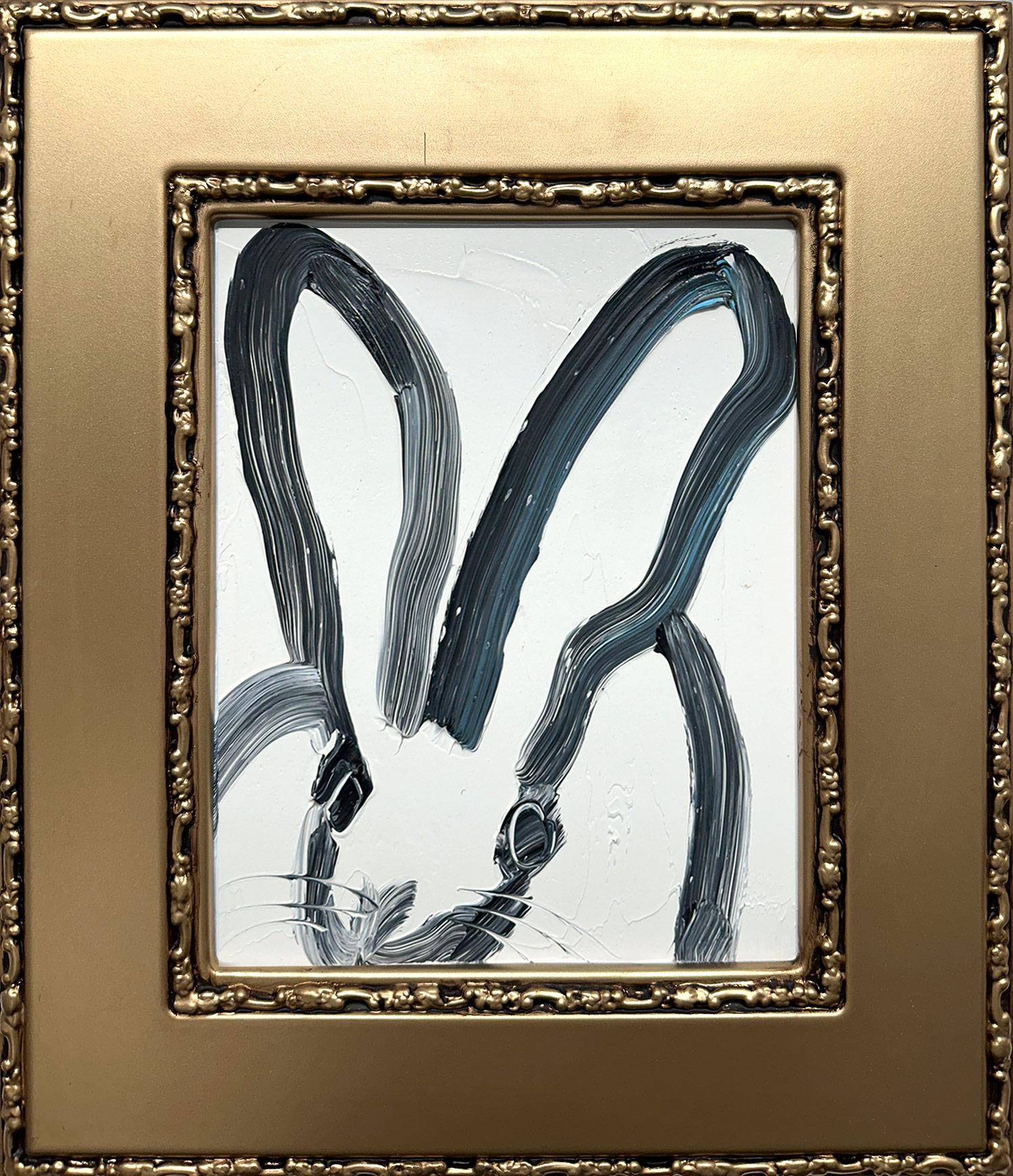 Abstract Painting de Hunt Slonem - "Michael" Conejito negro sobre fondo blanco Pintura al óleo sobre panel de madera Enmarcada