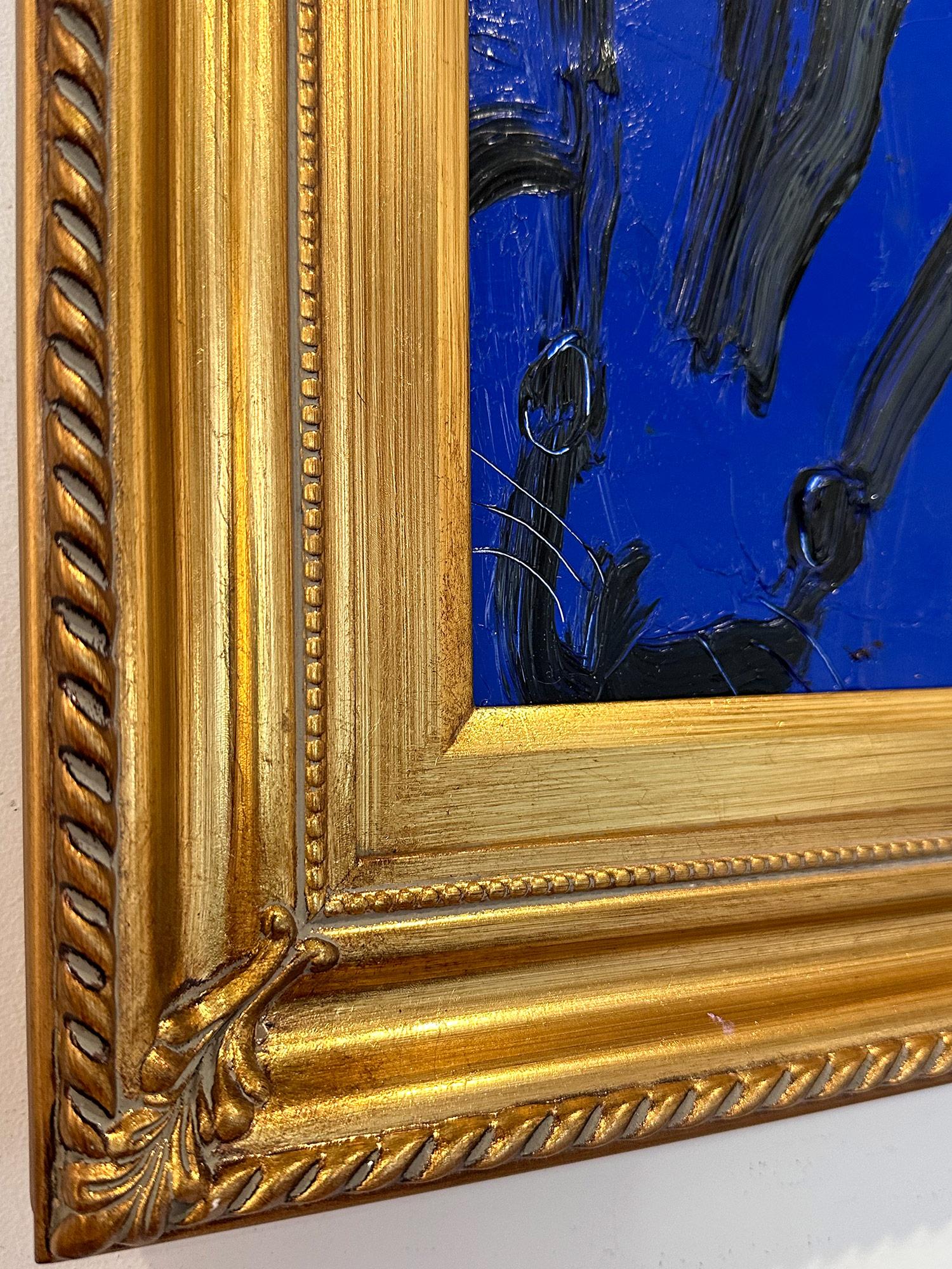„Midnight“ Schwarzer, outlineierter Bunny auf dunkelblauem Hintergrund, Öl auf Holzplatte (Neue Wilde), Painting, von Hunt Slonem