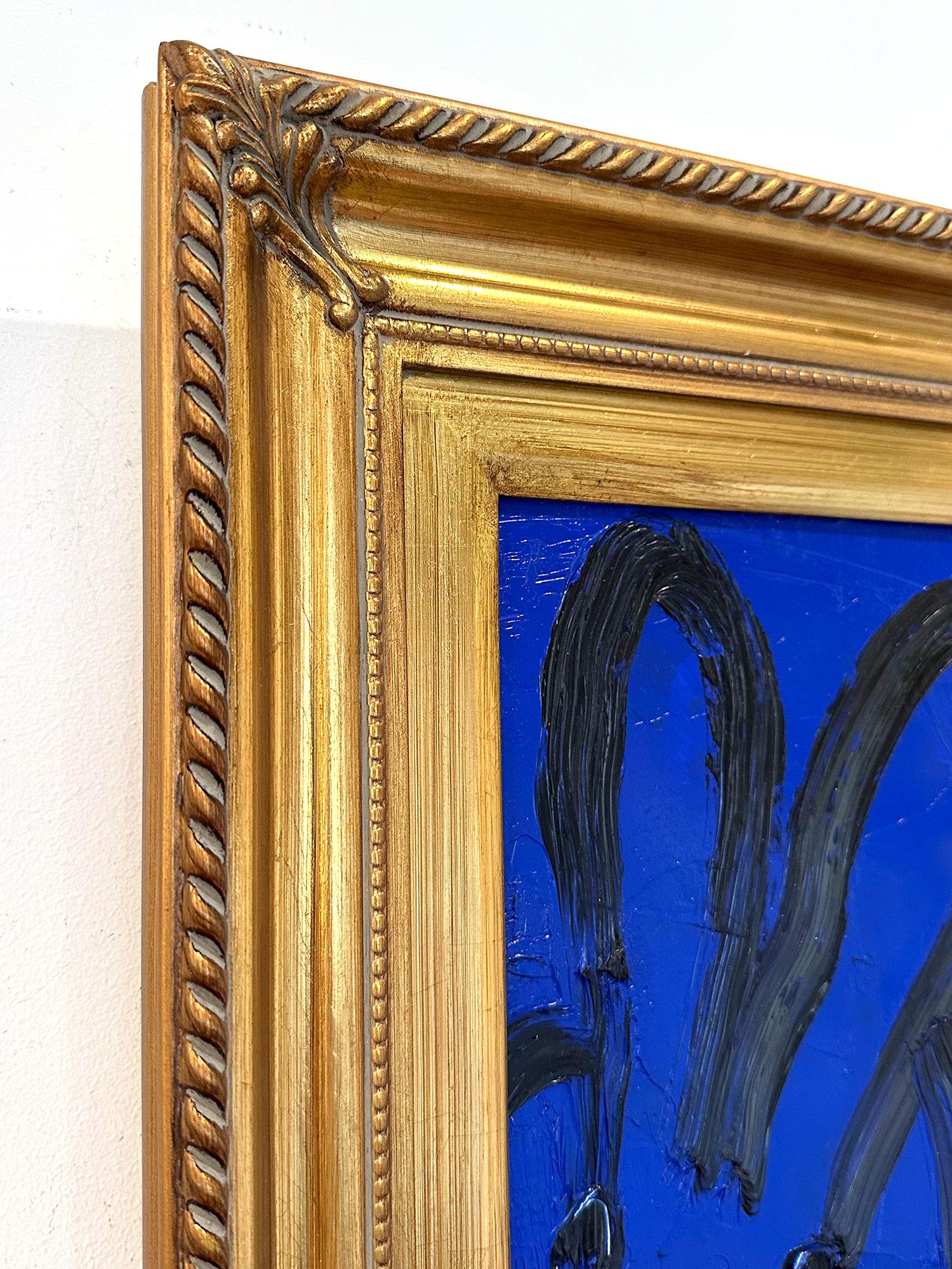 A wonderful composition of one of Slonem's most iconic subjects, Bunnies. This piece depicts a gestural figure of a black bunny on a Mid Night Blue background with thick use of paint. It is housed in a wonderful antique style wood frame. Inspired by