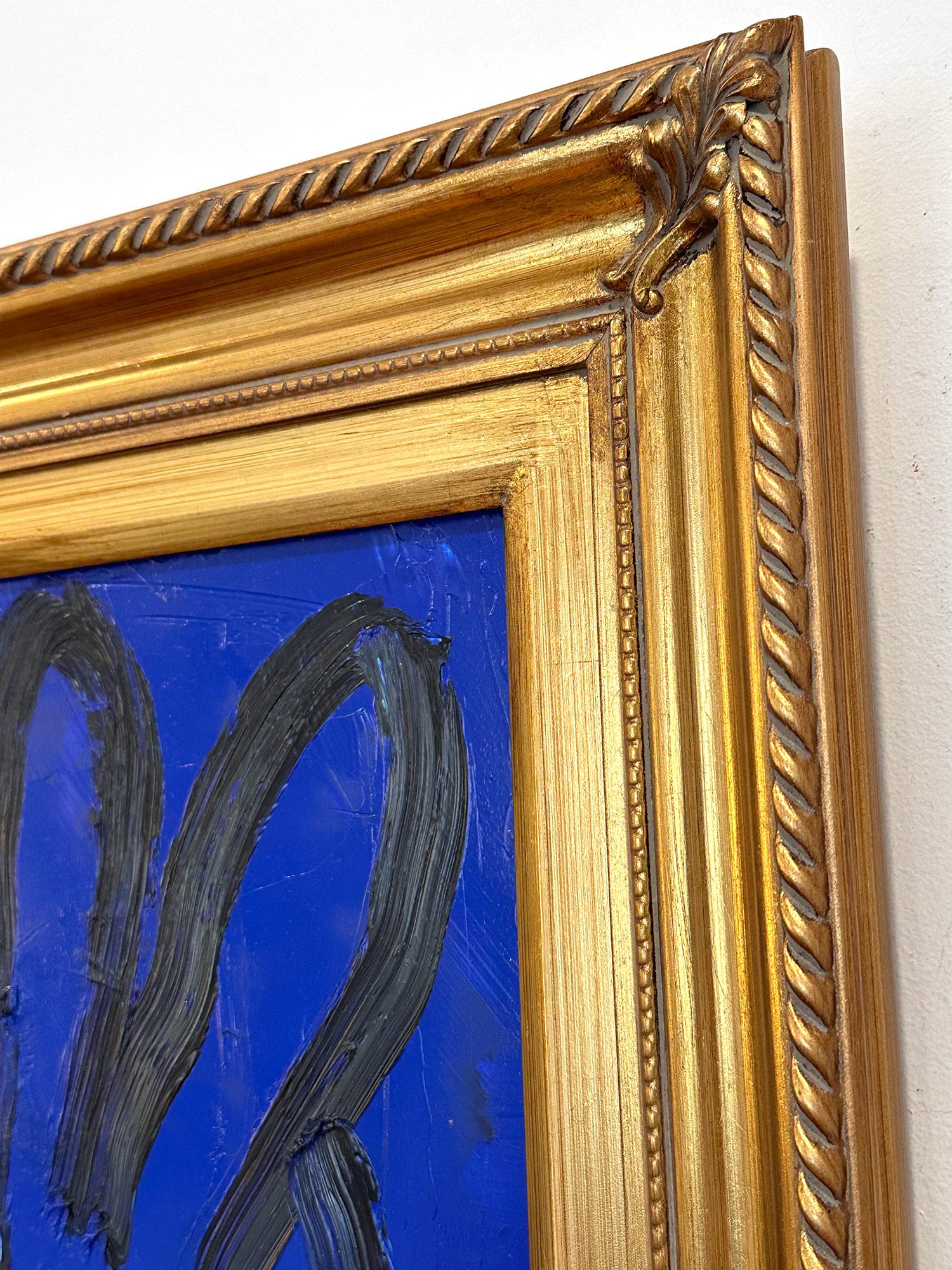 „Midnight“ Schwarzer, outlineierter Bunny auf dunkelblauem Hintergrund, Öl auf Holzplatte im Angebot 2