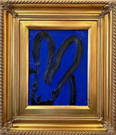 „Midnight“ Schwarzer, outlineierter Bunny auf dunkelblauem Hintergrund, Öl auf Holzplatte