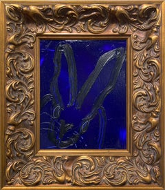 "Midnight" Black Outlined Bunny on Dark Blue Background Oil on Wood Panel