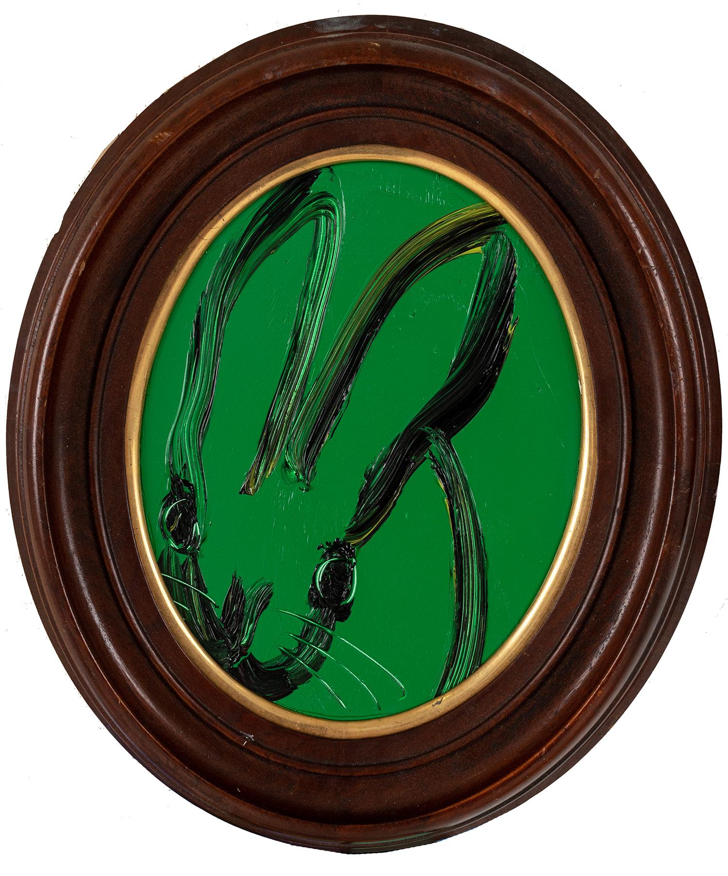 Hunt Slonem Animal Painting - "Minton" (Black Outlined Bunny on Forest Green)" Oil Painting on Wood Panel