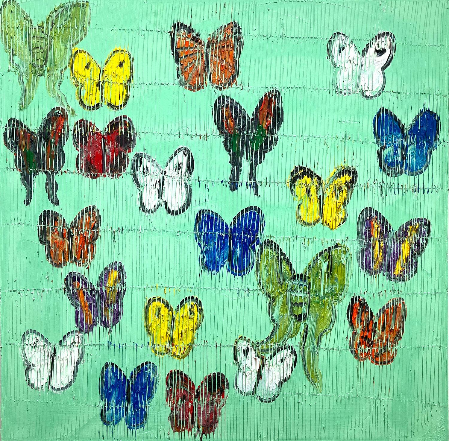 "Minton" Colorful Butterflies on Turquoise Background with Scoring Oil on Canvas