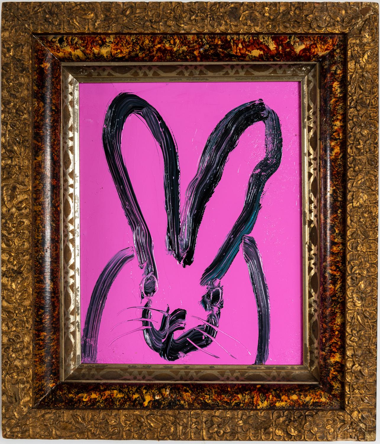 Hunt Slonem Animal Painting - "Mist" Pink Bunny Oil Painting in Gold and Wood Vintage Frame