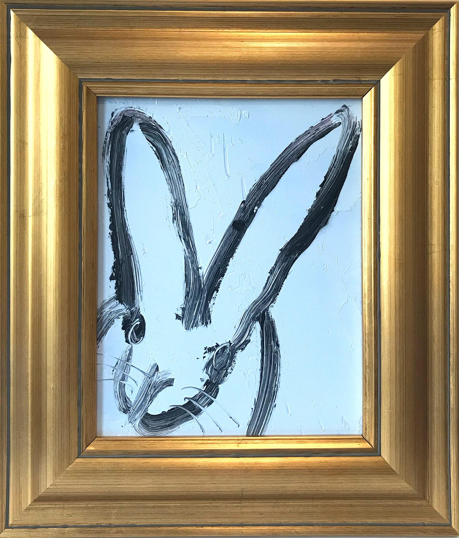 Hunt Slonem Abstract Painting - "Mitch" (Black Outlined Bunny on Light Sky Blue Background) Oil Painting 