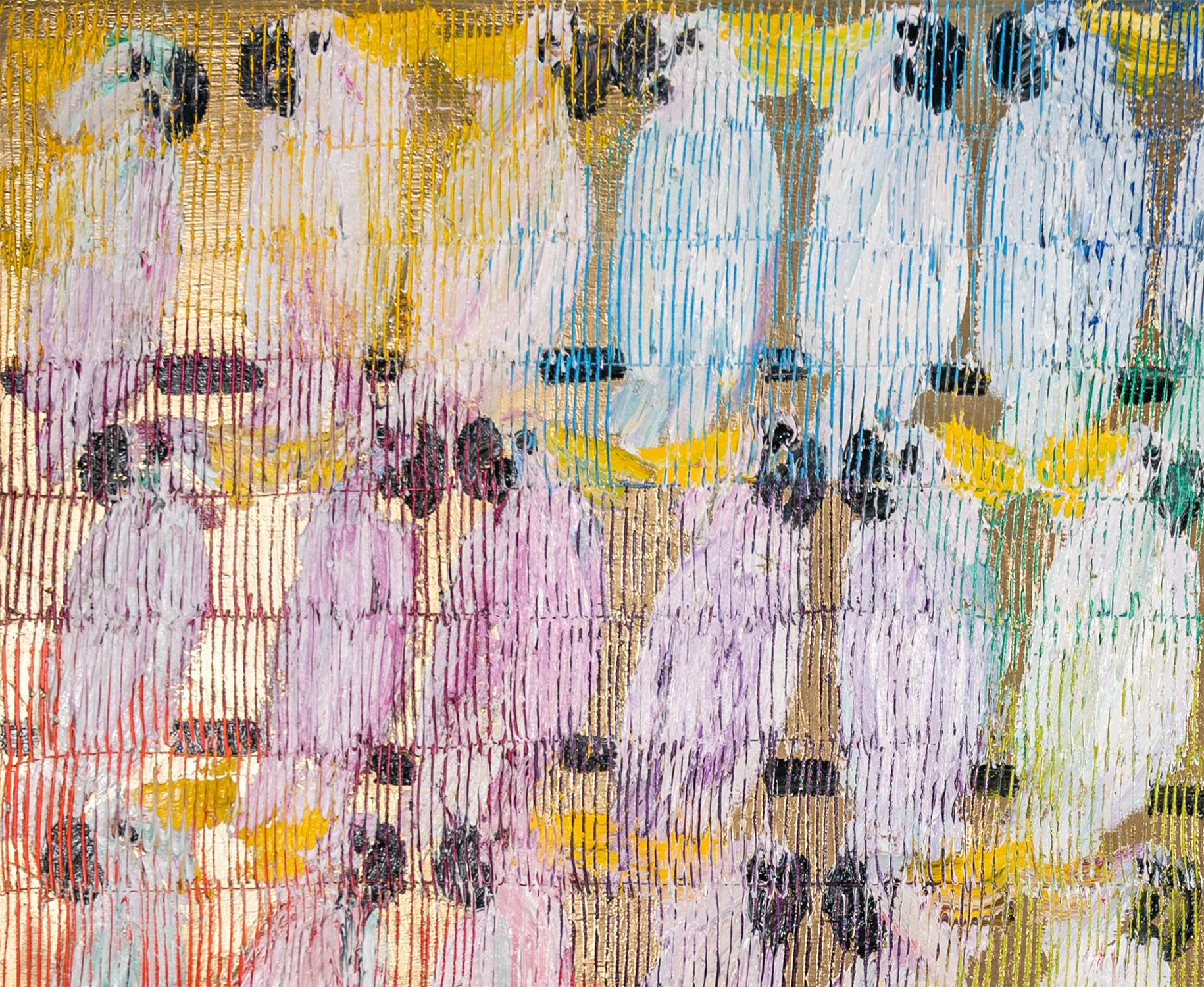 „Molucans Cockatoos Schildkröte“ Mehrfarbiger Cockatoos mit goldenem Hintergrund auf Leinwand – Painting von Hunt Slonem