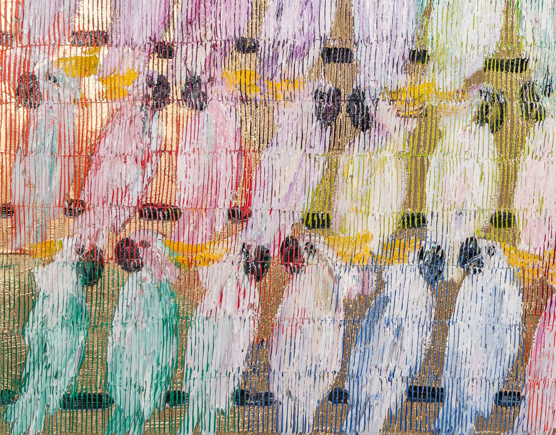Eine wunderbare Komposition eines von Slonems ikonischsten Motiven: Kakadus. Der dicke Farbauftrag ist deutlich zu erkennen, wenn er Schicht um Schicht mehrfarbiger Ölfarbe auf einen goldfarbenen Hintergrund aufträgt. Dann zeichnet er diese