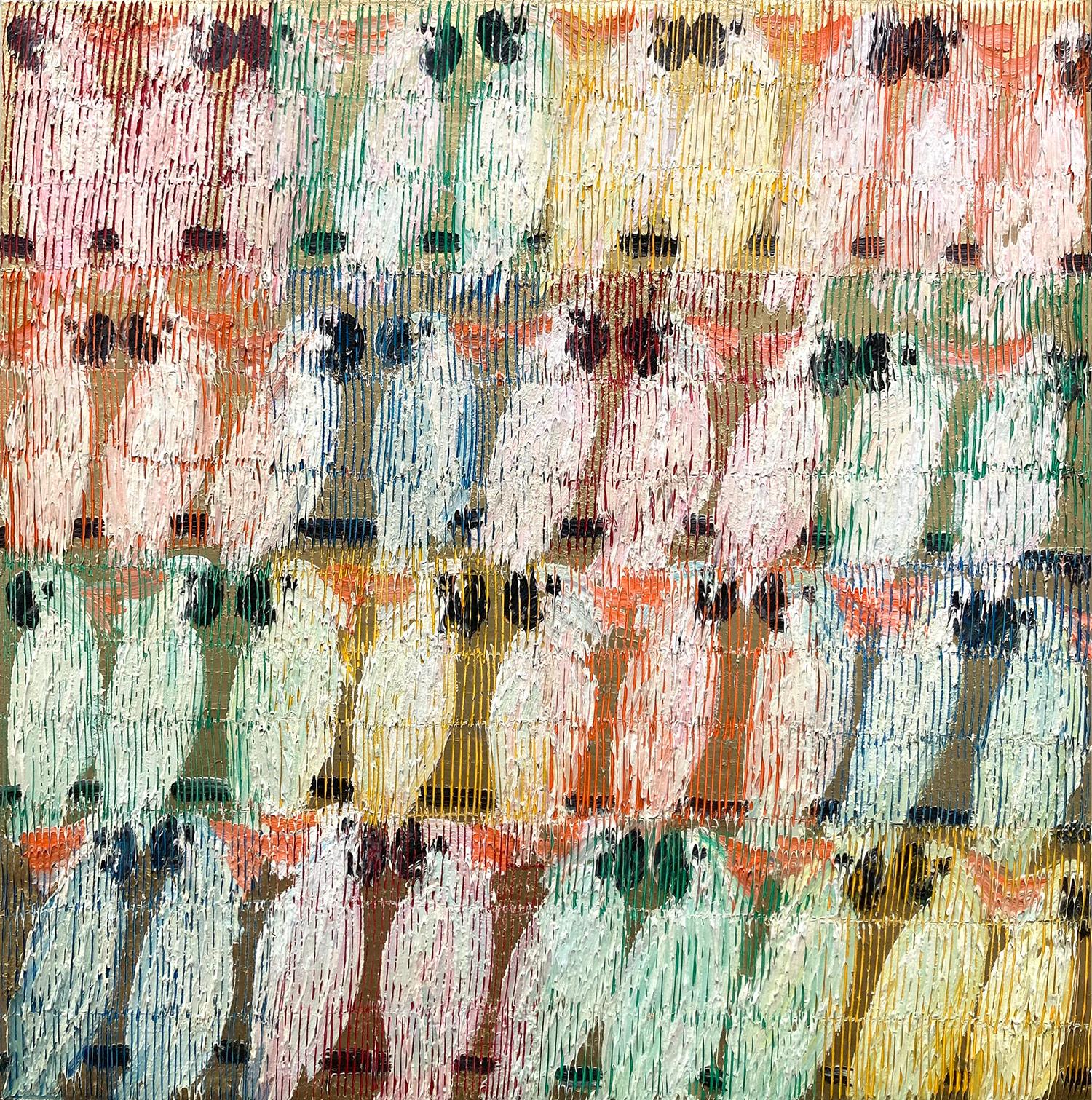 Hunt Slonem Abstract Painting - "Molucans Square Hawaii" Multicolor Cockatoos with Gold Background on Canvas