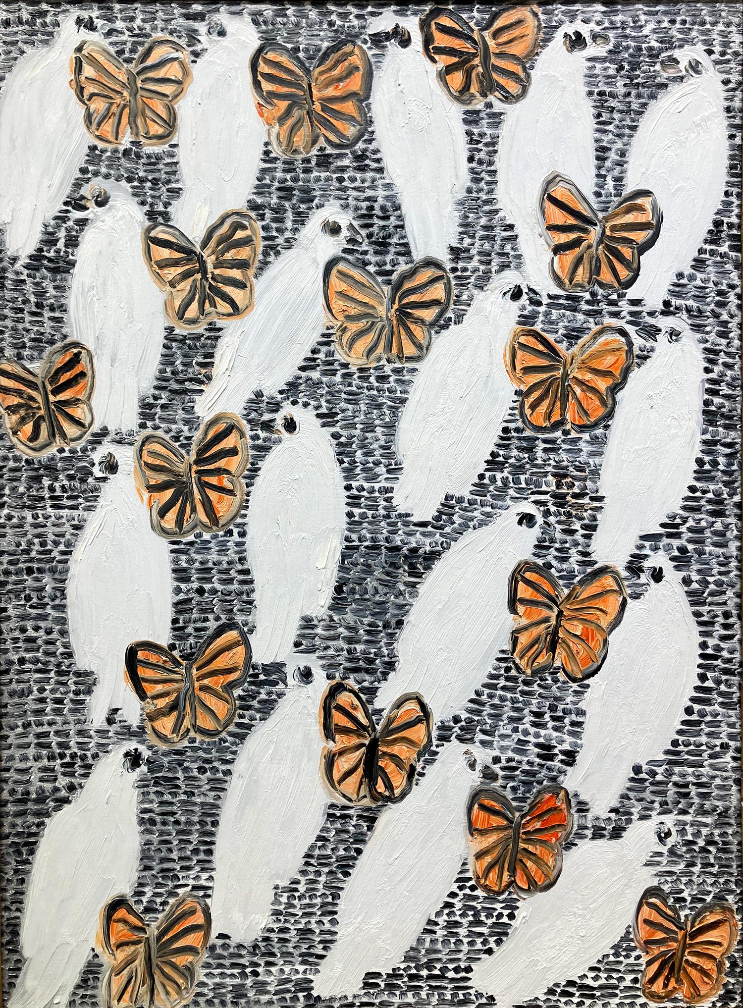 A wonderful composition of one of Slonem's most iconic subjects of Birds and Monarch butterflies. They are placed in a wonderful white background with black marks representing the 