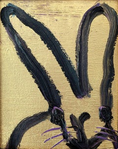 "Monk" Black Bunny on Gold Background with Purple Accents Oil Painting on Wood
