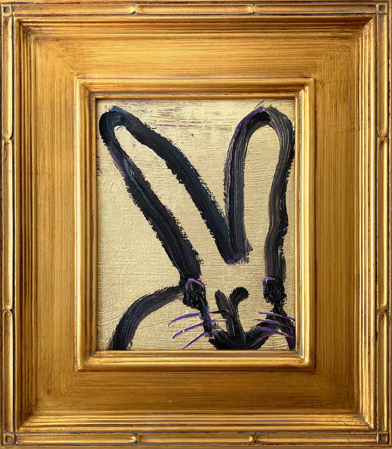 Hunt Slonem Animal Painting - "Monk" Black Bunny on Gold Background with Purple Accents Oil Painting on Wood