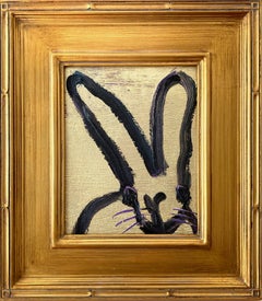 "Monk" Black Bunny on Gold Background with Purple Accents Oil Painting on Wood
