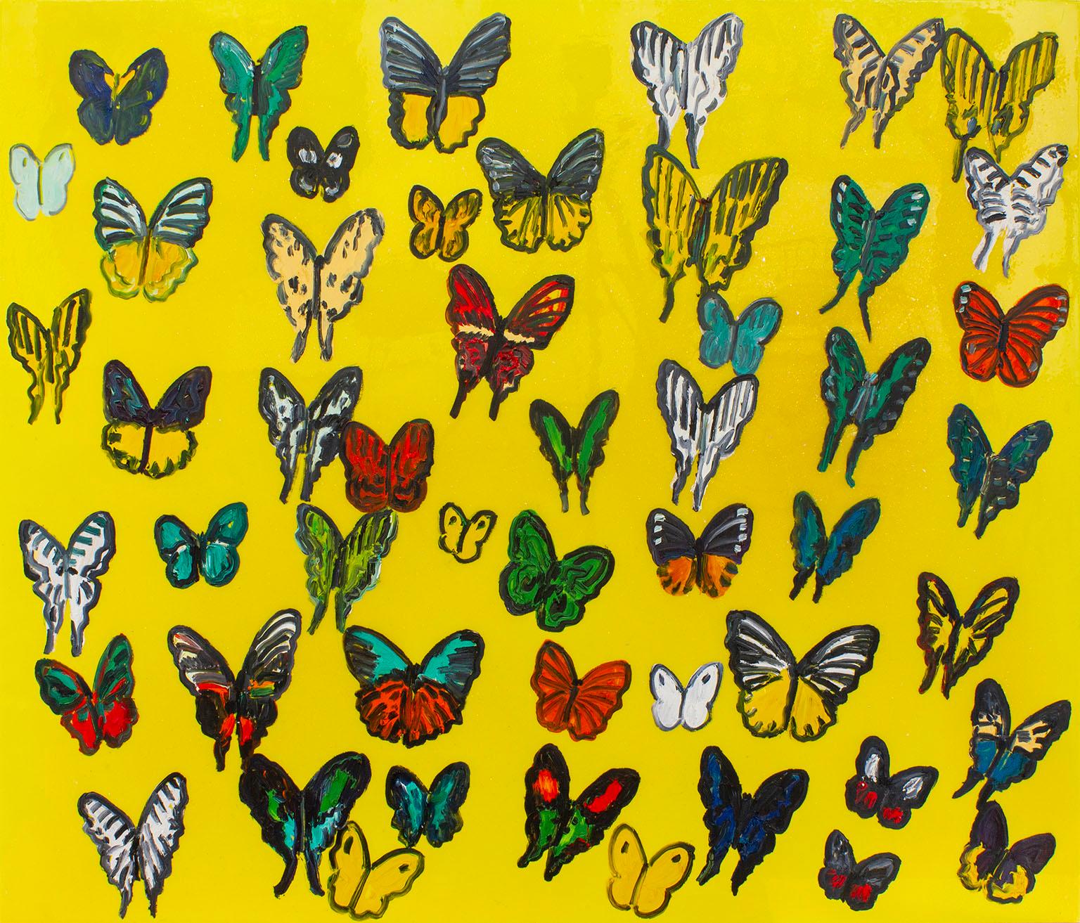 "Montana" brightly colored yellow oil, resin and acrylic on canvas painting of butterflies by artist Hunt Slonem. Signed Hunt Slonem, dated 2019 © and titled "Montana" on back. 