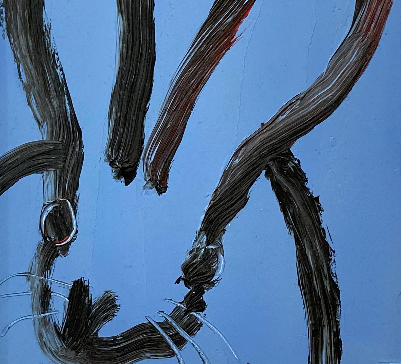 Eine wunderbare Komposition eines der ikonischsten Themen von Slonem, nämlich Hasen. Dieses Werk zeigt eine gestische Figur eines schwarzen Hasen auf einem französisch-blauen Hintergrund mit dickem Farbauftrag. Es ist in einem wunderschönen