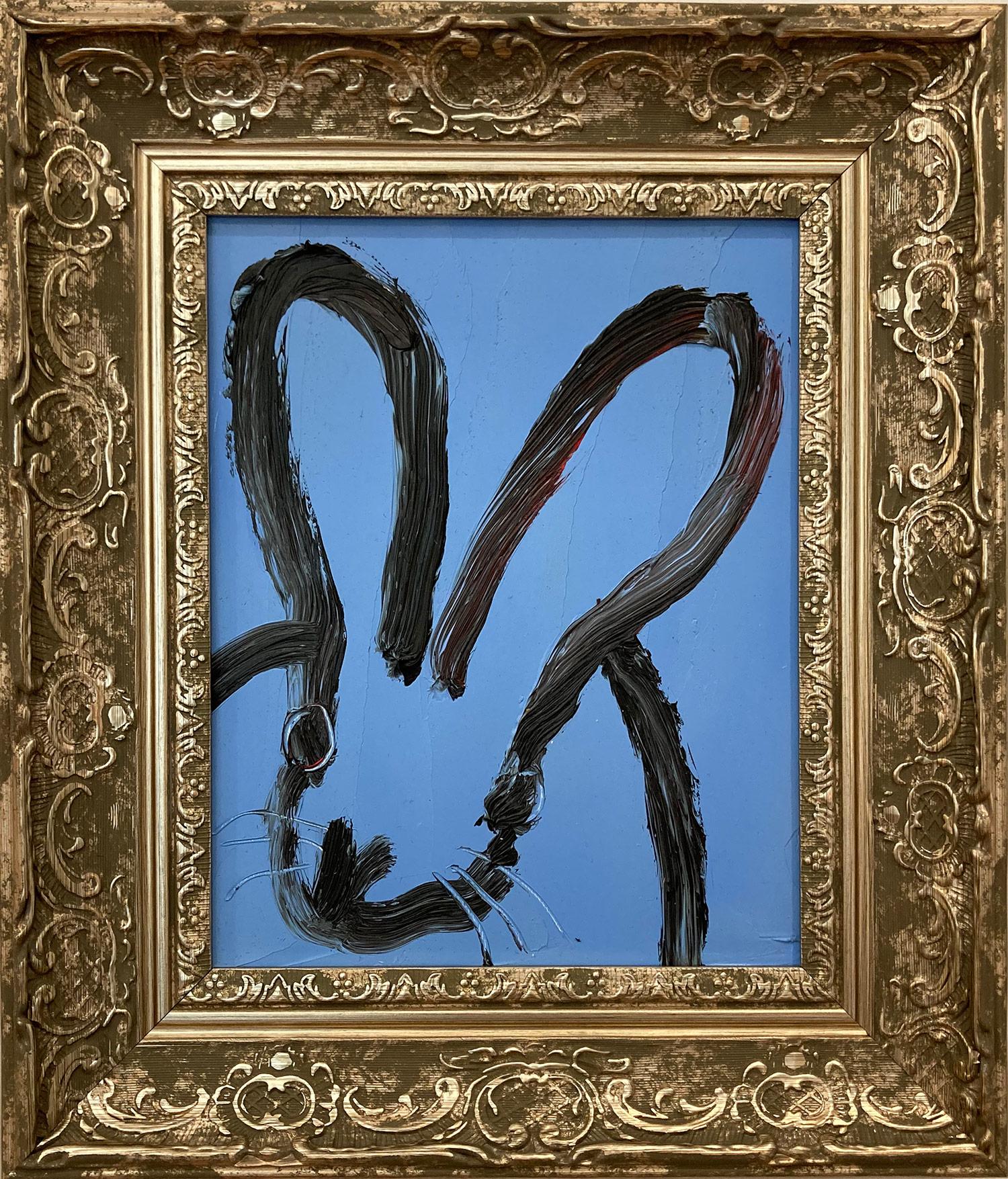 "More Over" Bunny on French Light Blue Background Peinture à l'huile sur bois encadrée