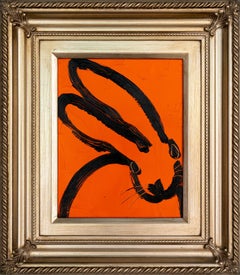 Hunt Slonem "Più rosso" dipinto neo-espressionista a olio su legno con coniglietto incorniciato