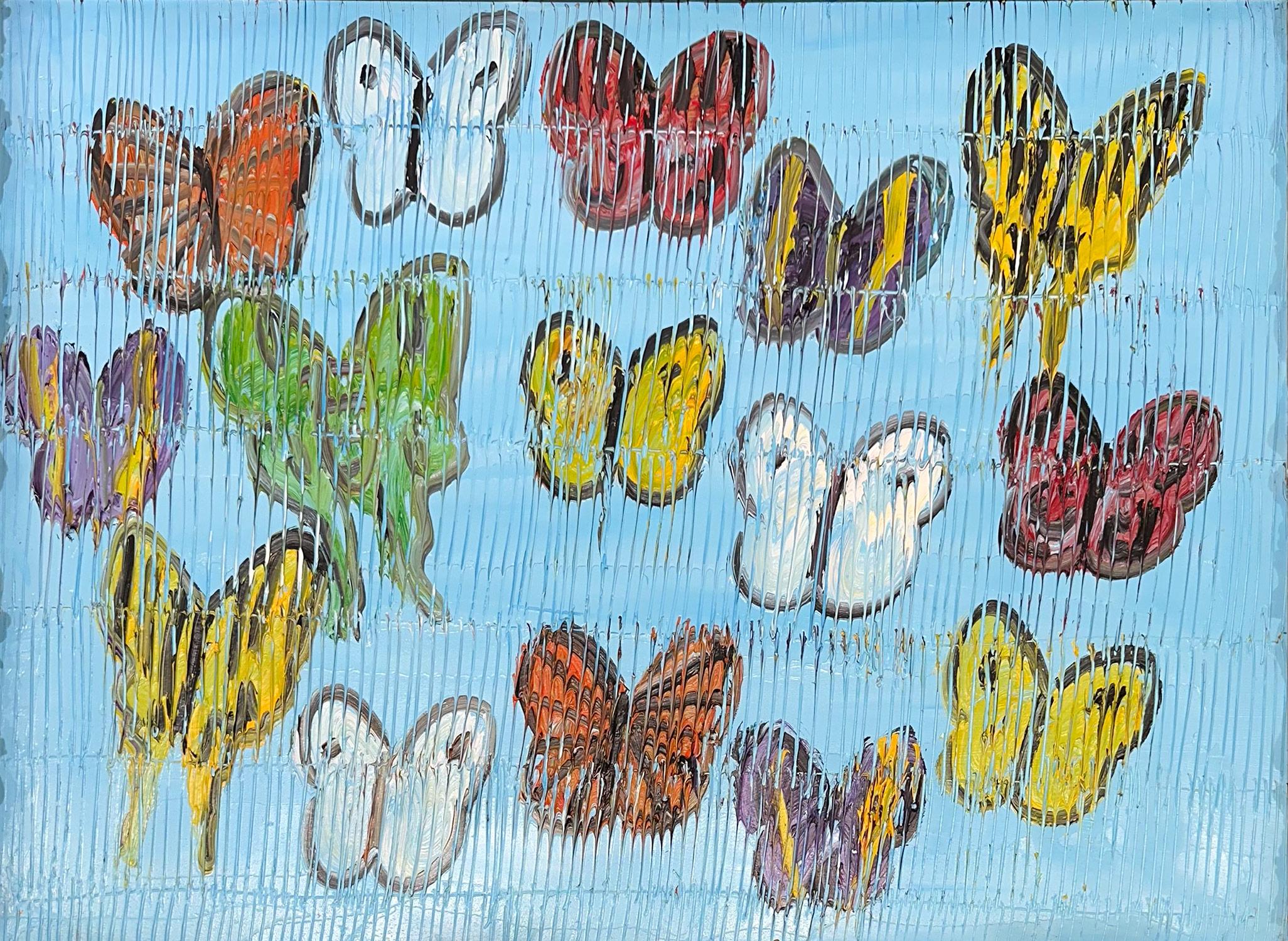 „Morning Cloaks“ Mehrfarbige Schmetterlinge auf Periwinkle Blau mit Gold Antikrahmen – Painting von Hunt Slonem