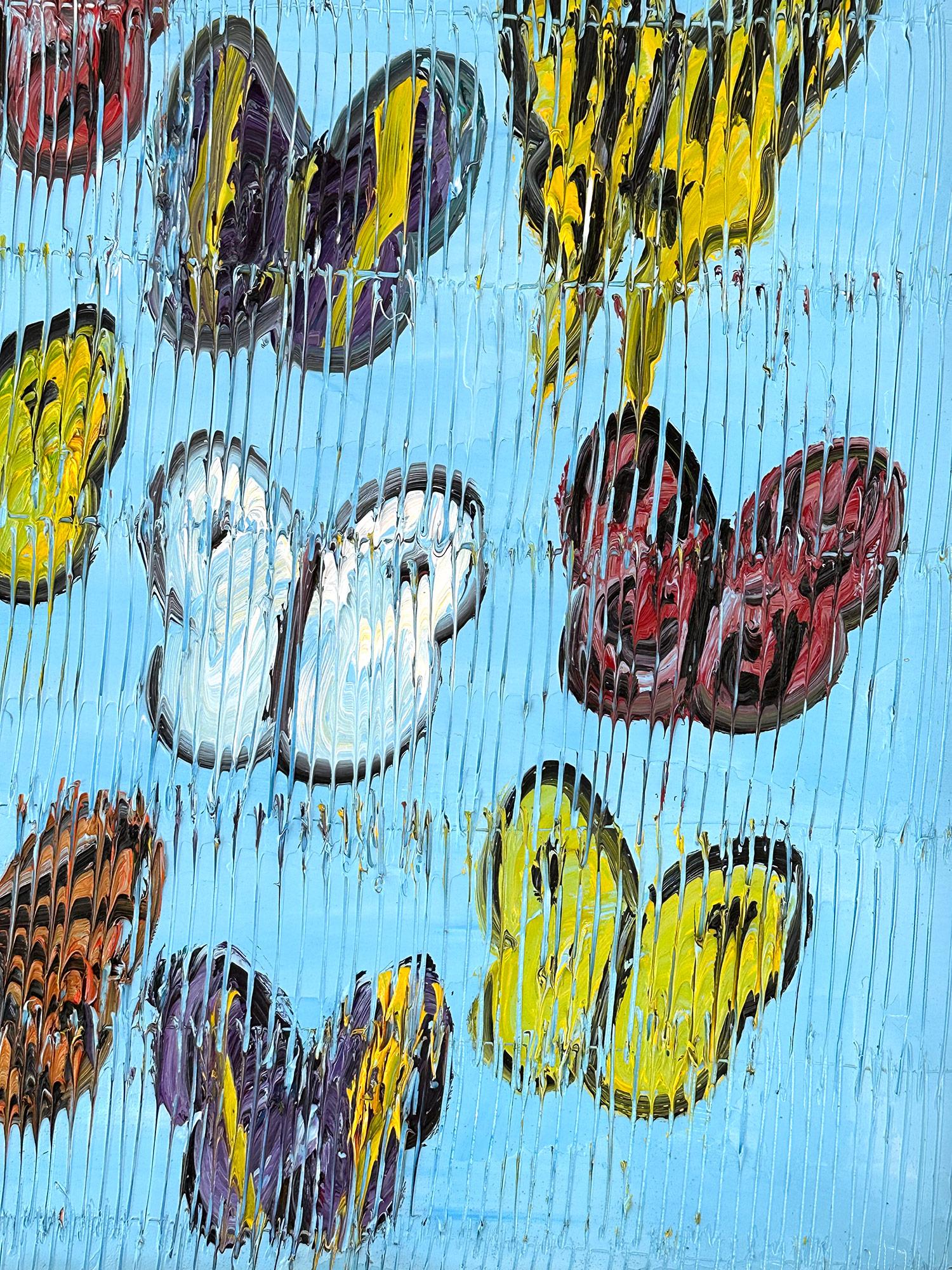A wonderful composition of one of Slonem's most iconic subjects, Butterflies. This piece depicts multicolor delicate butterflies in ascension placed in a wonderful periwinkle blue landscape. Slonem traces his famous crosshatch details throughout the