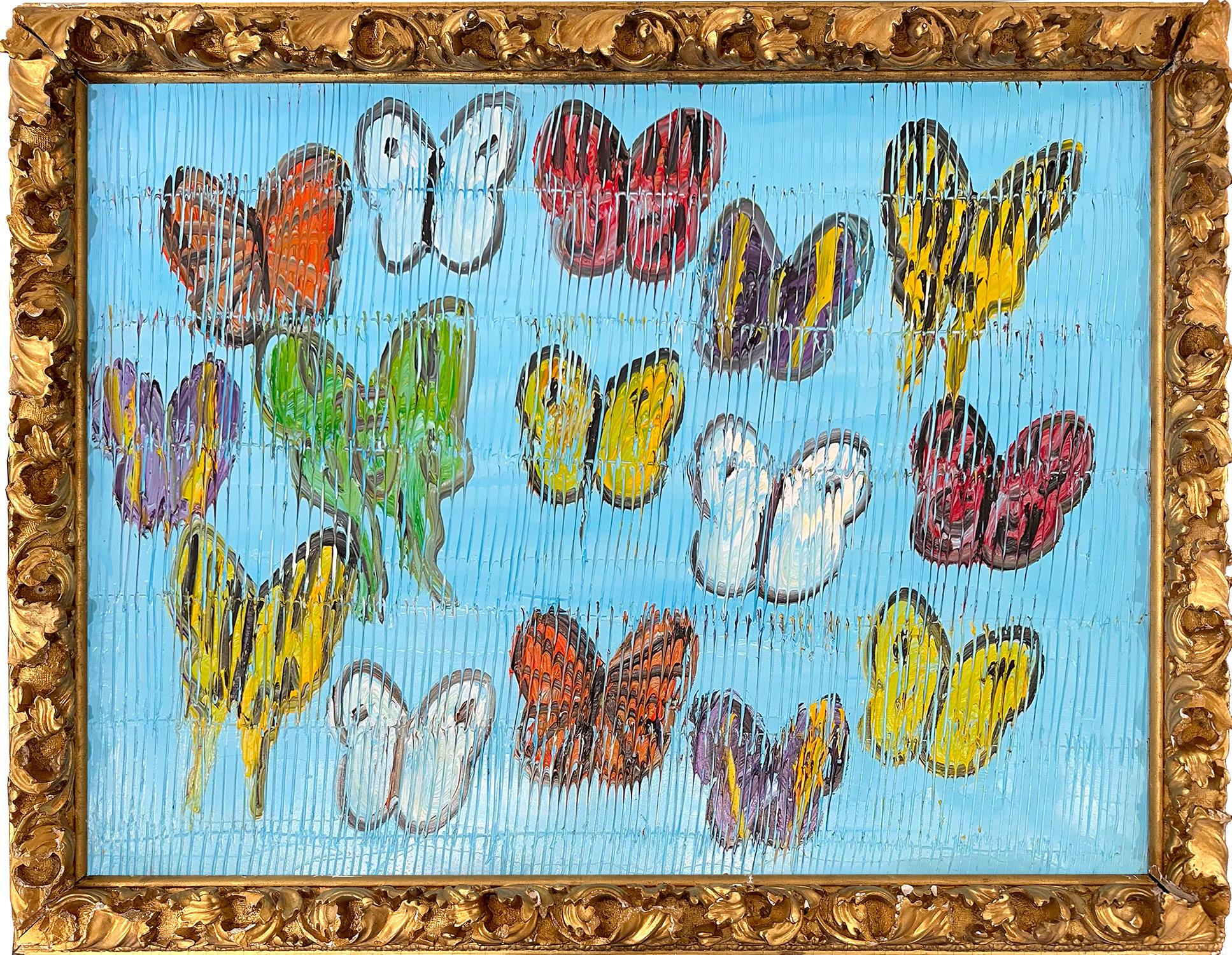 Hunt Slonem Abstract Painting – „Morning Cloaks“ Mehrfarbige Schmetterlinge auf Periwinkle Blau mit Gold Antikrahmen