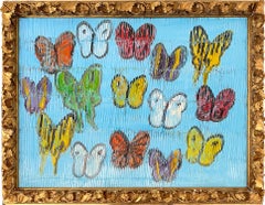 "Morning Cloaks" Multicolor Butterflies on Periwinkle Blue w Gold Used Frame