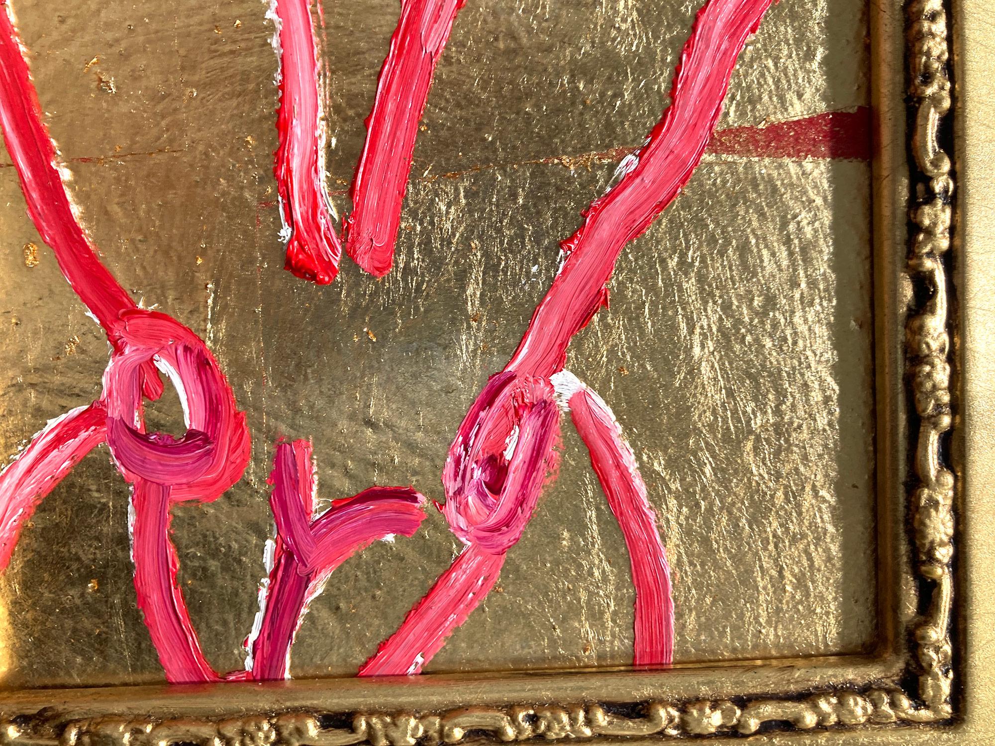 A wonderful composition of one of Slonem's most iconic subjects, Bunnies. This piece depicts a gestural figure of a pink bunny on a Gold Leaf background with thick use of paint. It is housed in a wonderful gold antique frame. Inspired by nature and