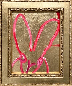 "Morning Star" Pink Outlined Bunny on Gold Leaf Background Painting Wood Panel