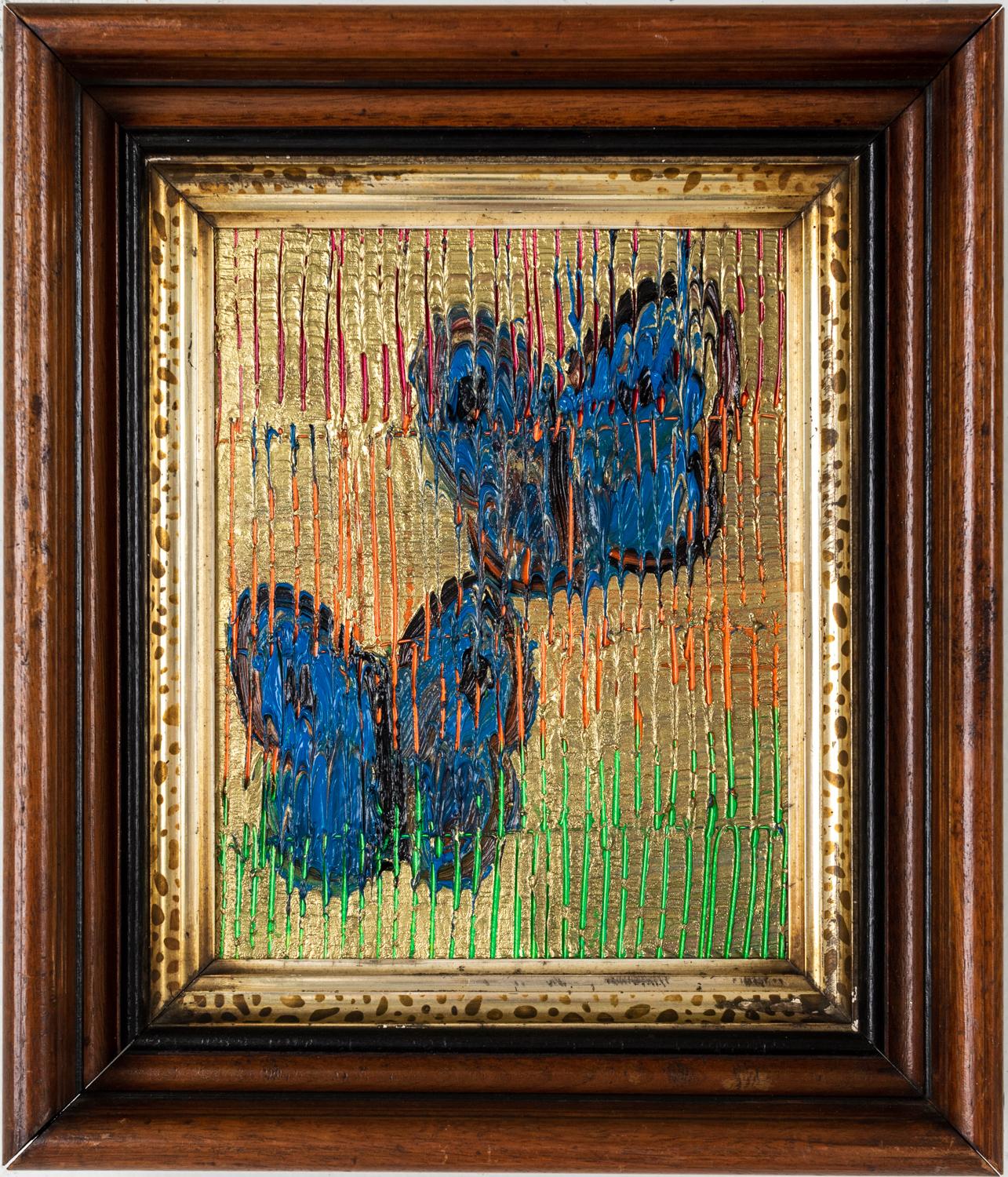 Hunt Slonem Figurative Painting - Morphos Framed "Butterfly Painting"  Oil Painting Blue Butterfly Gold Background