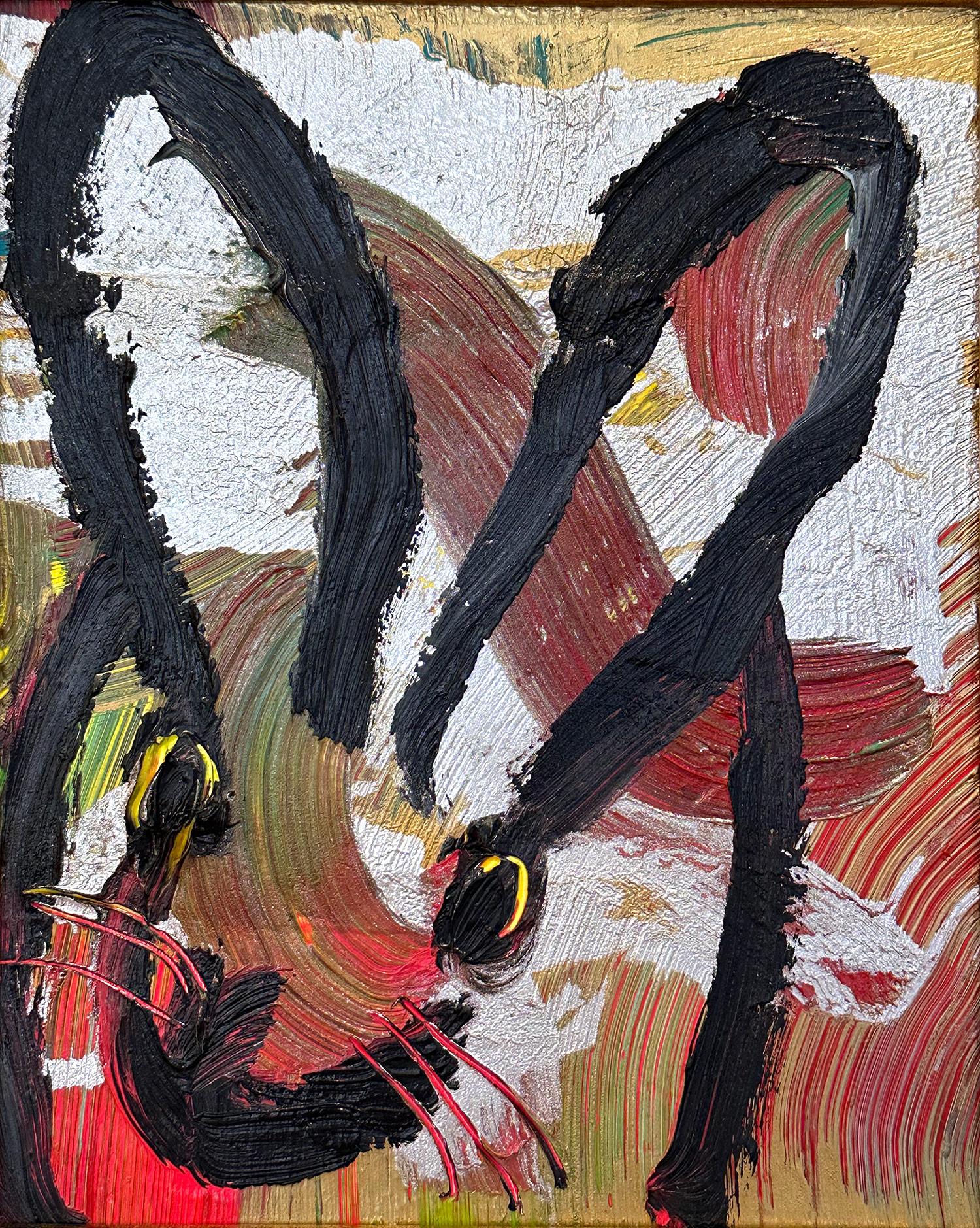 „Mover“ Schwarzes Ölgemälde auf mehrfarbigem Hintergrund mit Konturen, Schwarzer Hase auf Holzplatte – Painting von Hunt Slonem