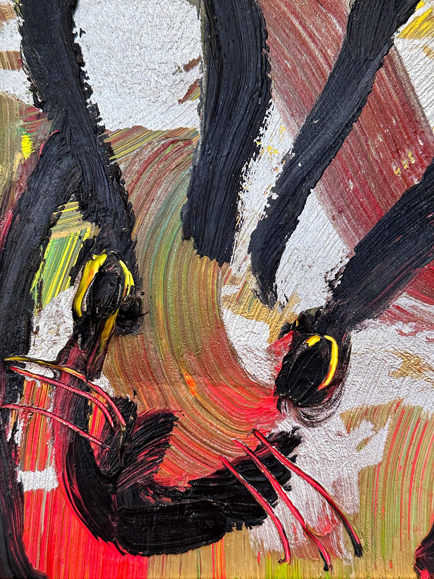 „Mover“ Schwarzes Ölgemälde auf mehrfarbigem Hintergrund mit Konturen, Schwarzer Hase auf Holzplatte (Neue Wilde), Painting, von Hunt Slonem