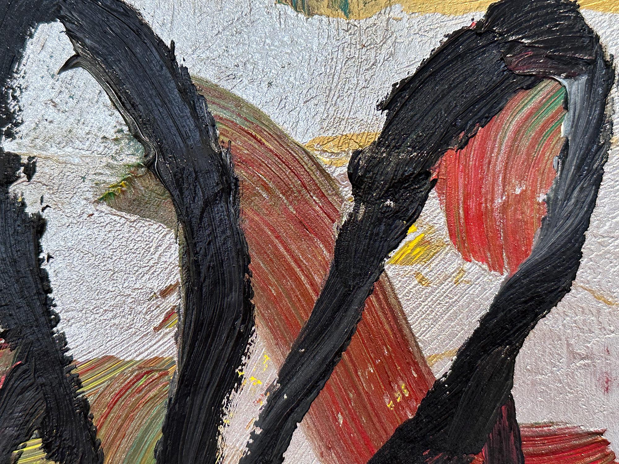 Eine wunderbare Komposition eines der ikonischsten Themen von Slonem, nämlich Hasen. Dieses Werk zeigt die gestische Figur eines schwarzen Hasen auf einem mehrfarbigen, silbermetallischen Hintergrund mit dickem Farbauftrag. Inspiriert von der Natur