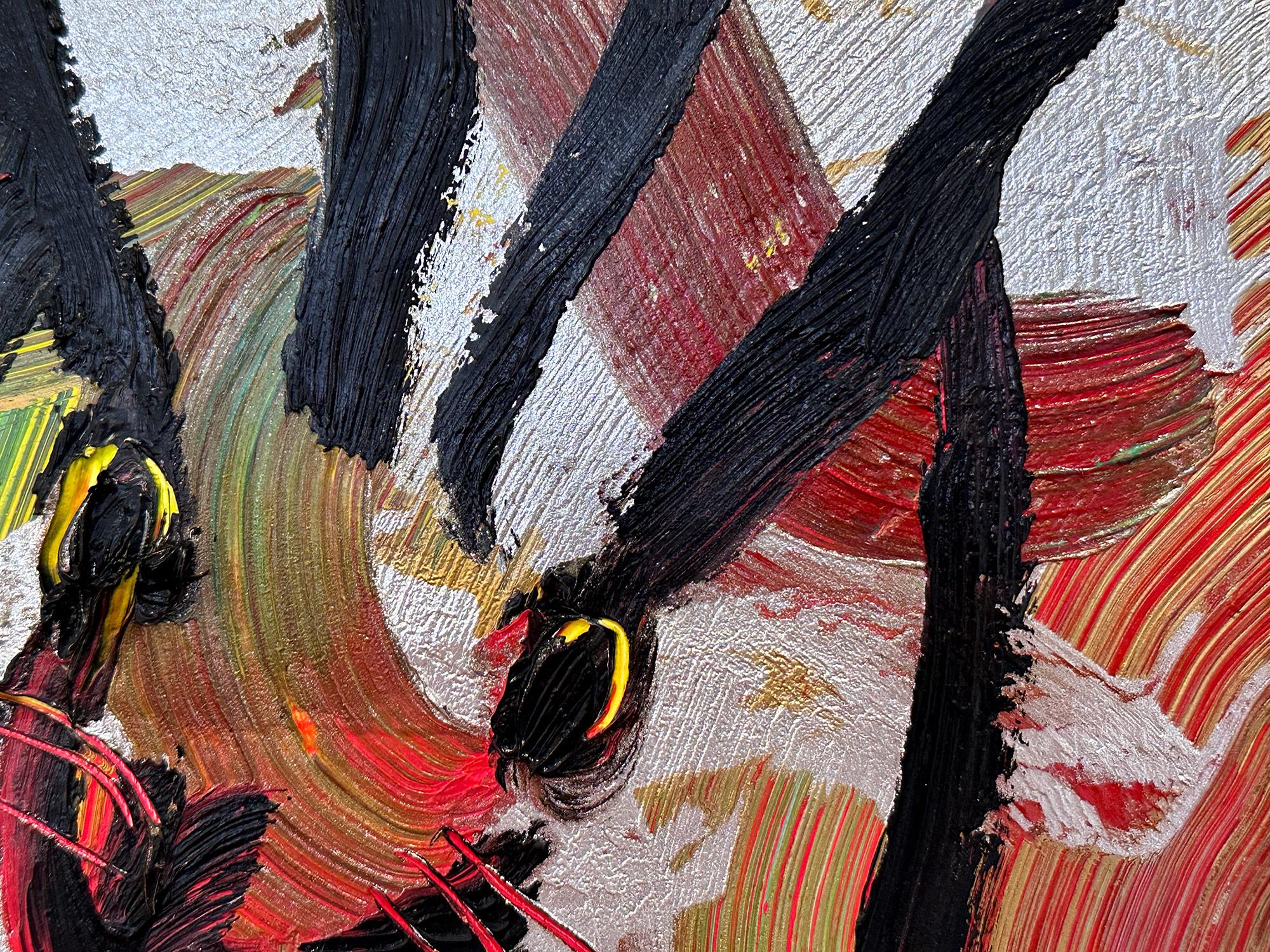 „Mover“ Schwarzes Ölgemälde auf mehrfarbigem Hintergrund mit Konturen, Schwarzer Hase auf Holzplatte im Angebot 1
