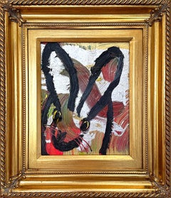 Vintage "Mover" Black Outlined Bunny on Multicolor Background Oil Painting on Wood Panel