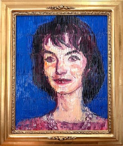 "Mrs. Kennedy" Neo-Expressionist Oil Painting in Blue Background on Wood Panel