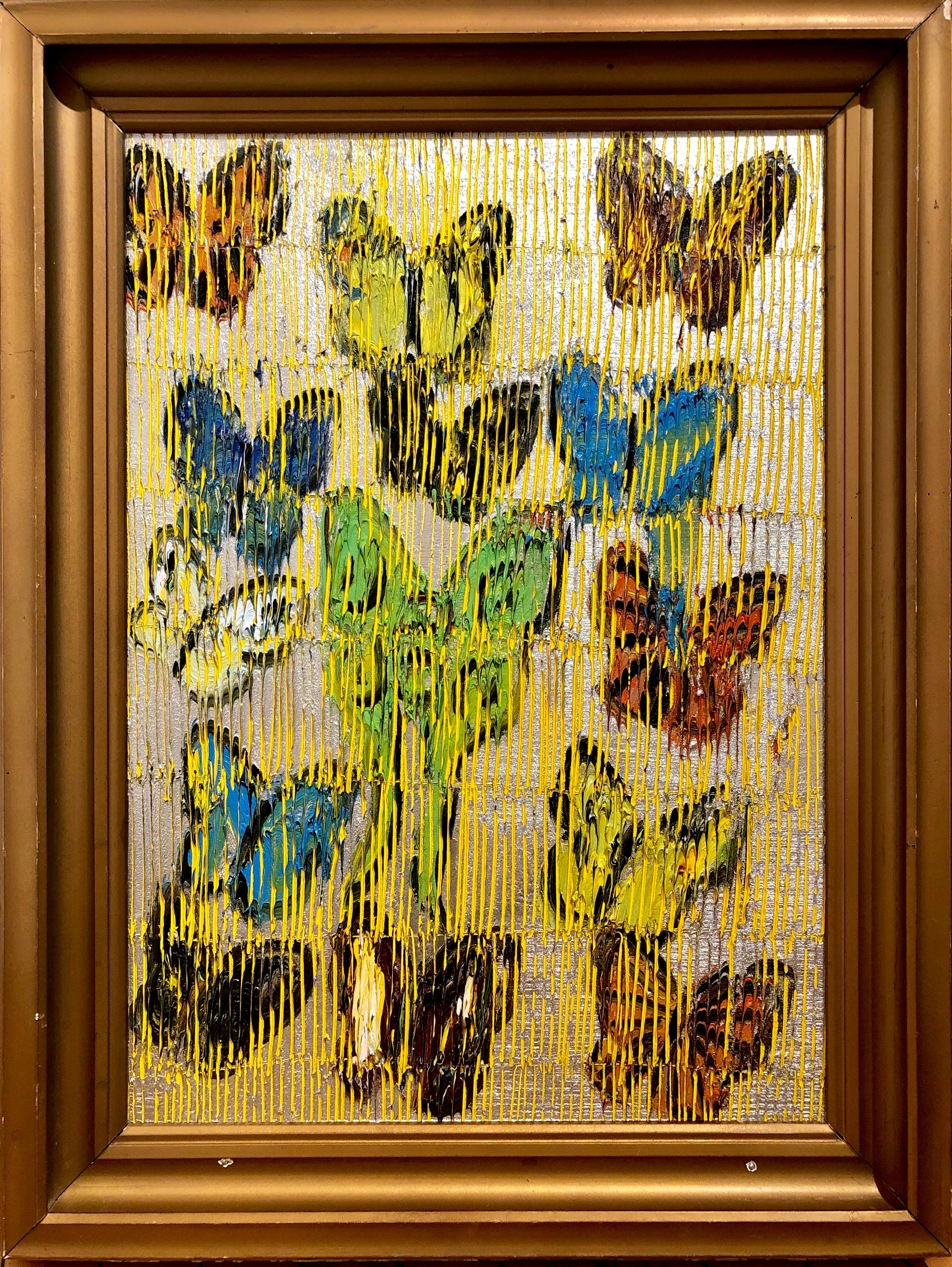 Hunt Slonem Animal Painting - Multicolor Butterflies on gold, oil painting in gold frame 