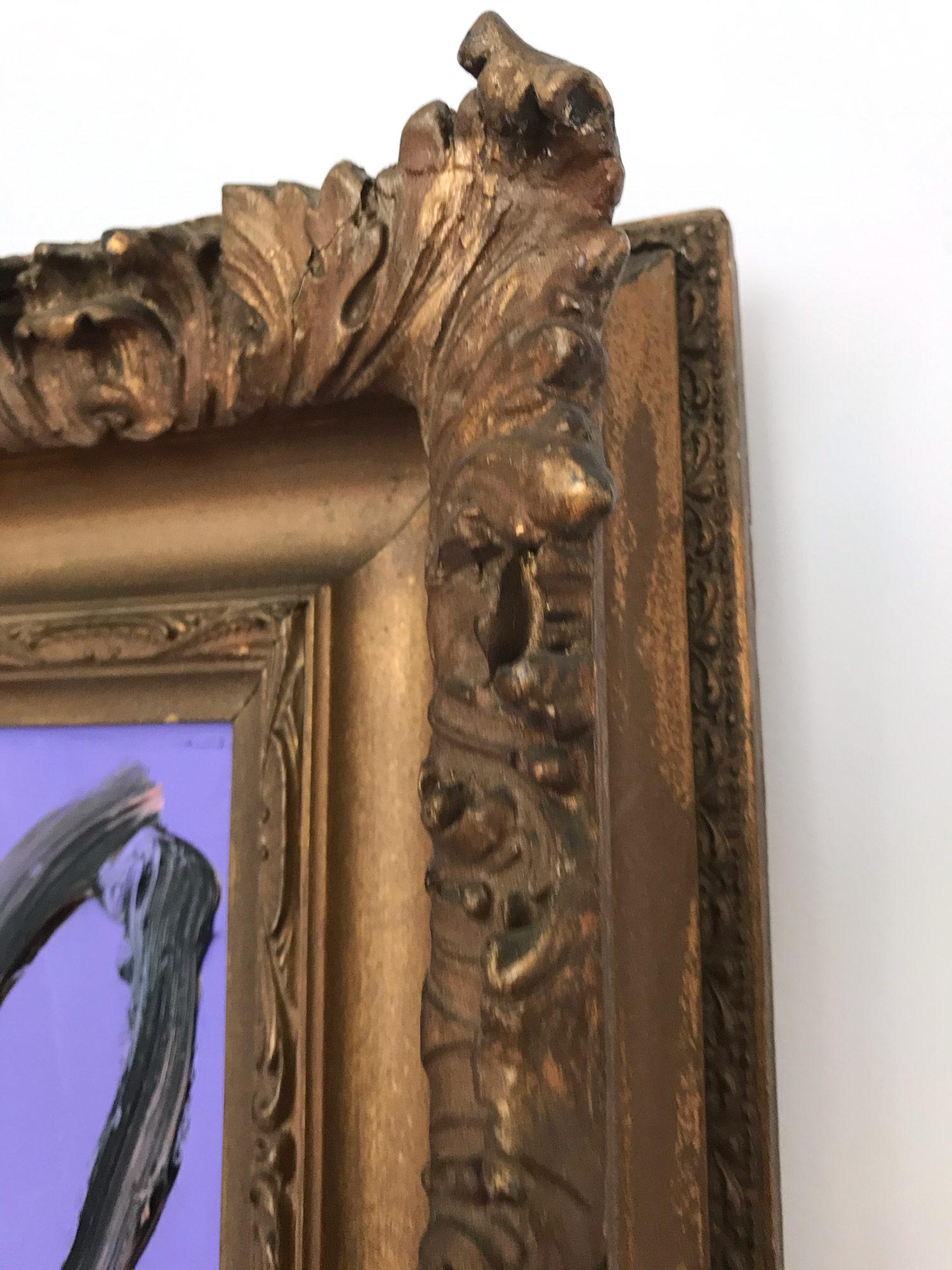 A wonderful composition of one of Slonem's most iconic subjects, Bunnies. This piece depicts a gestural figure of a black bunny on a Deep Purple Lavendar background with thick use of paint. It is housed in a wonderful antique 19th Century frame.