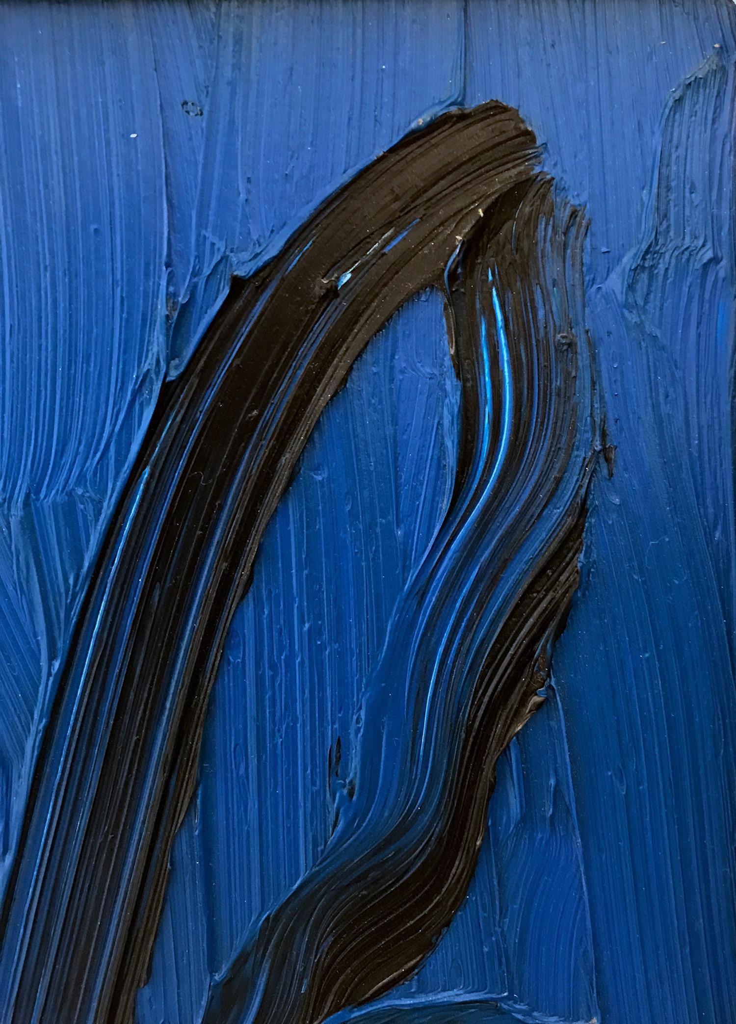 A wonderful composition of one of Slonem's most iconic subjects, Bunnies. This piece depicts a gestural figure of a black bunny on an ultramarine midnight blue background with thick use of paint. It is housed in a wonderful antique thin gold frame.