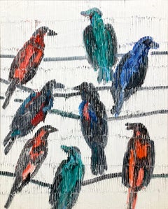 "New Birds" Mehrfarbige Vögel mit weißem Hintergrund Ölgemälde auf Holz Gerahmt