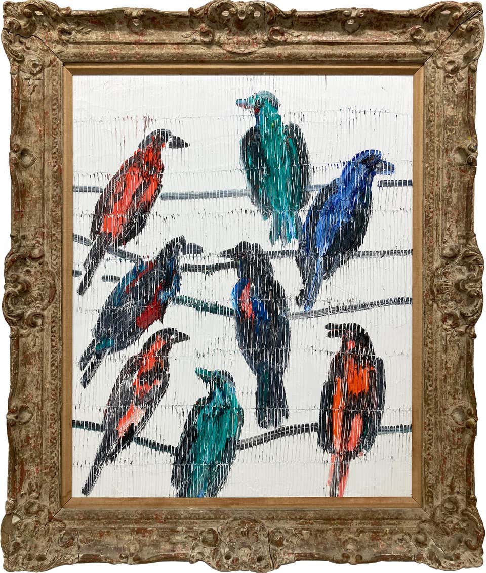 "New Birds" Multicolored Birds with White Background Oil Painting on Wood Framed