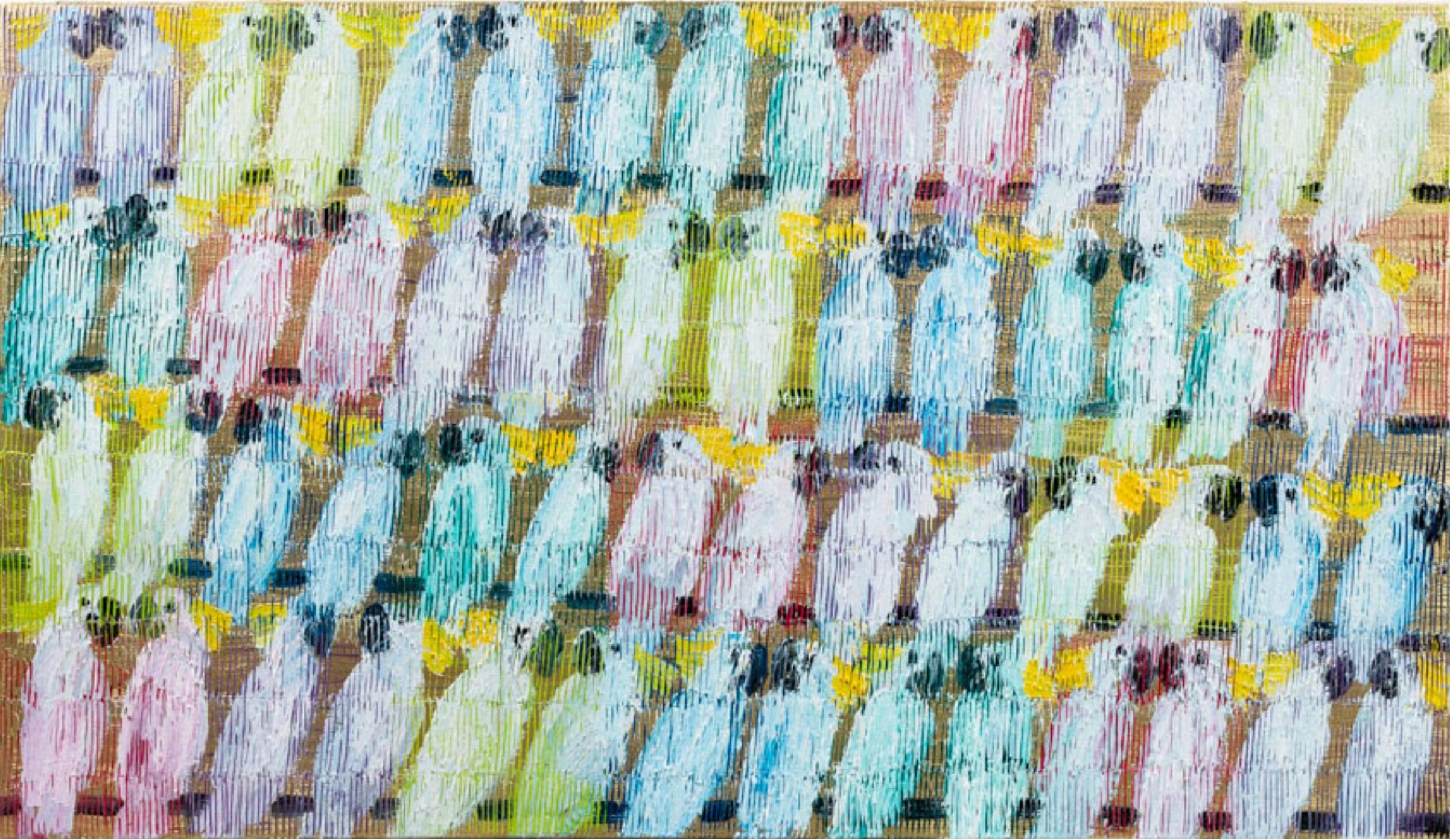 Peinture à l'huile de Hunt Slonem, créée en 2023. La pièce est en excellent état, neuve, et mesure 112 x 193 cm (44 x 76 pouces). Le tableau présente une grille de cacatoès répétés, exécutés dans un style texturé, presque abstrait, qui donne une