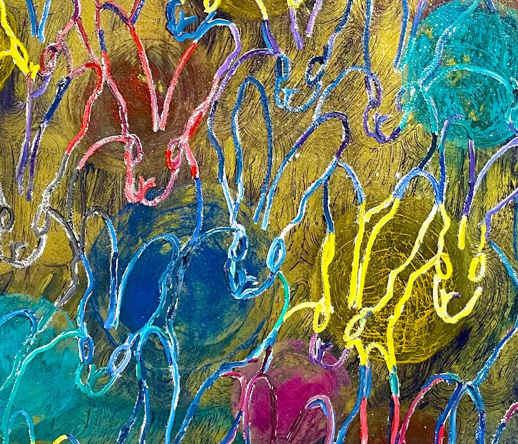 Hunt Slonem’s New Line Series (2017) is a radiant and immersive large-scale painting, measuring 72 x 84 inches, that dazzles with color, texture, and light. The composition features a dense cluster of Slonem’s iconic bunnies, their forms captured in