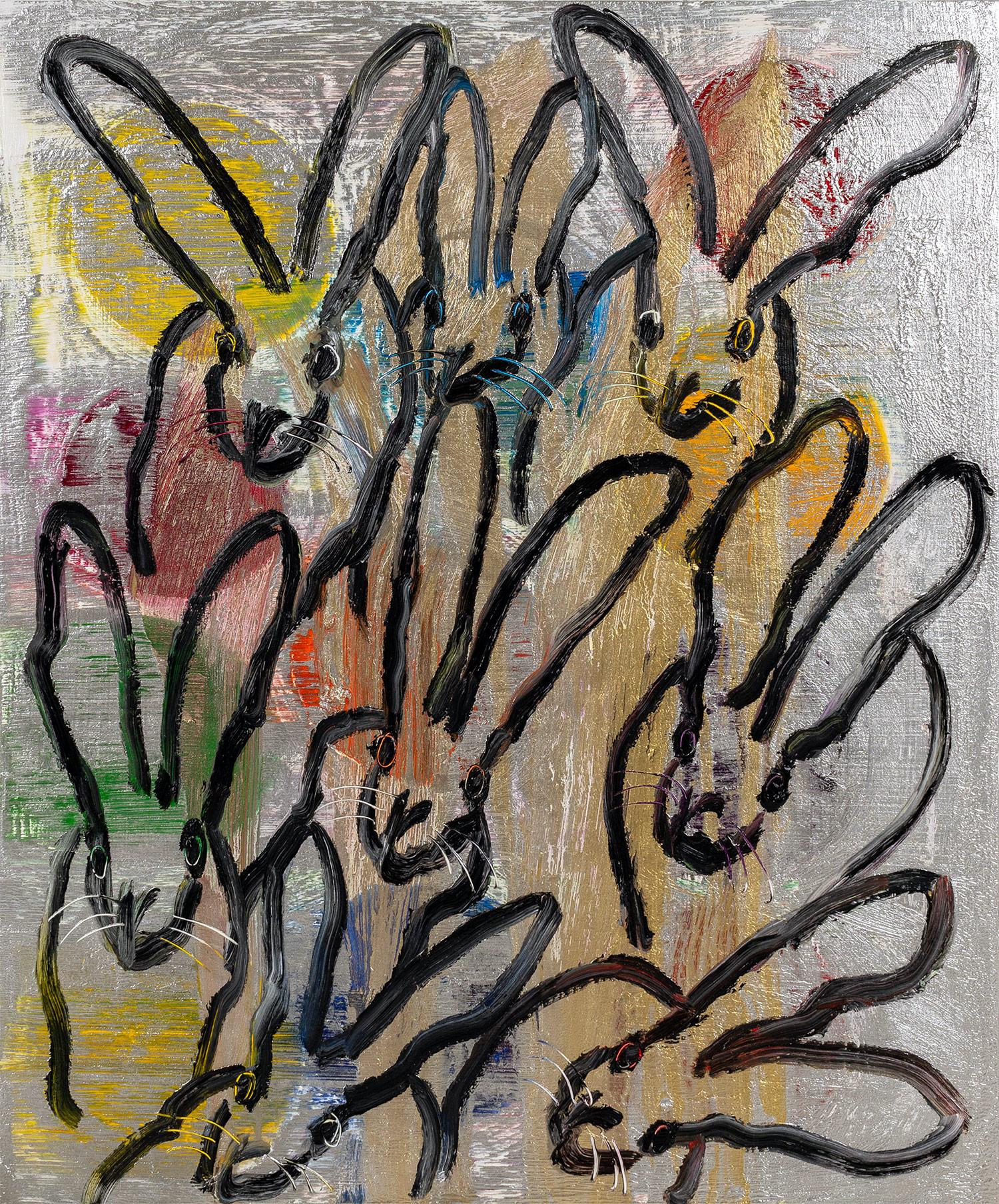 Hunt Slonem Animal Painting - "New Road" (Black Bunnies on Gold Silver Background with Multi Colored accents)