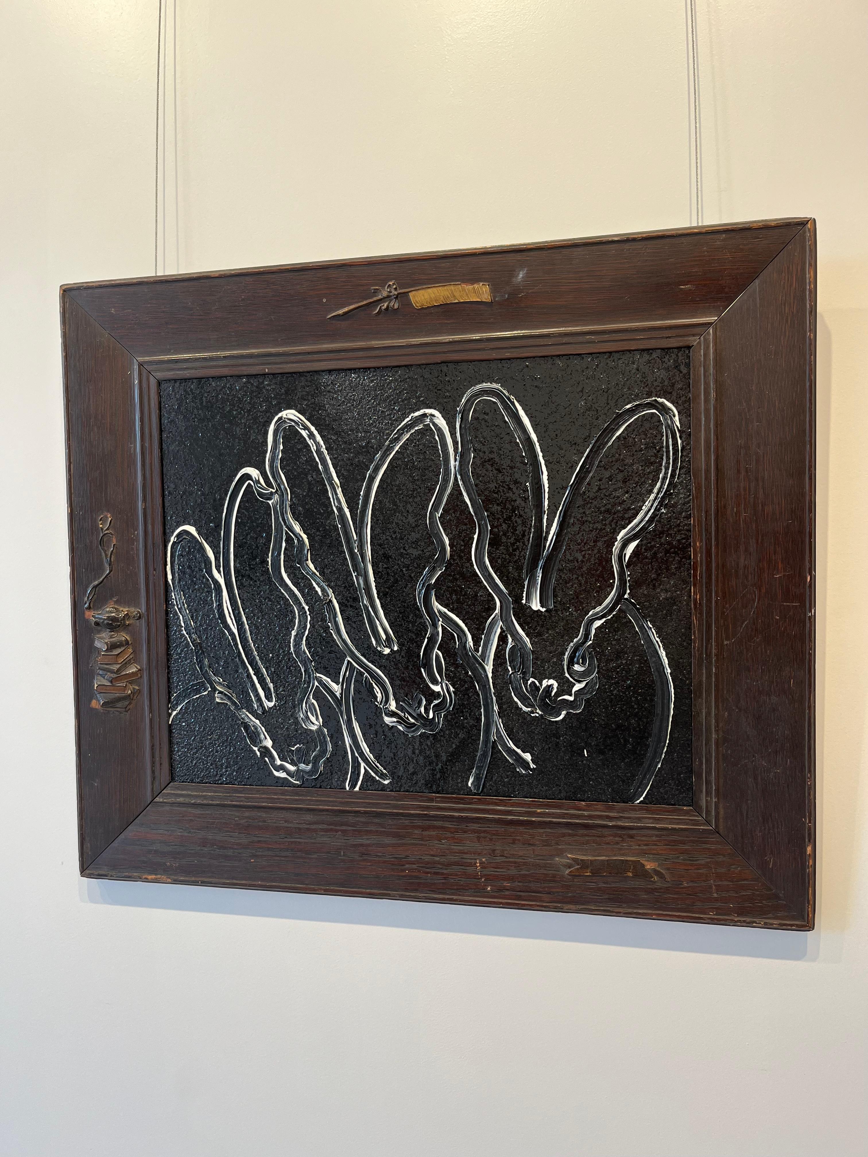 Night Dream Black/White Bunnies Original Oil Painting in Ornate Vintage Frame For Sale 2