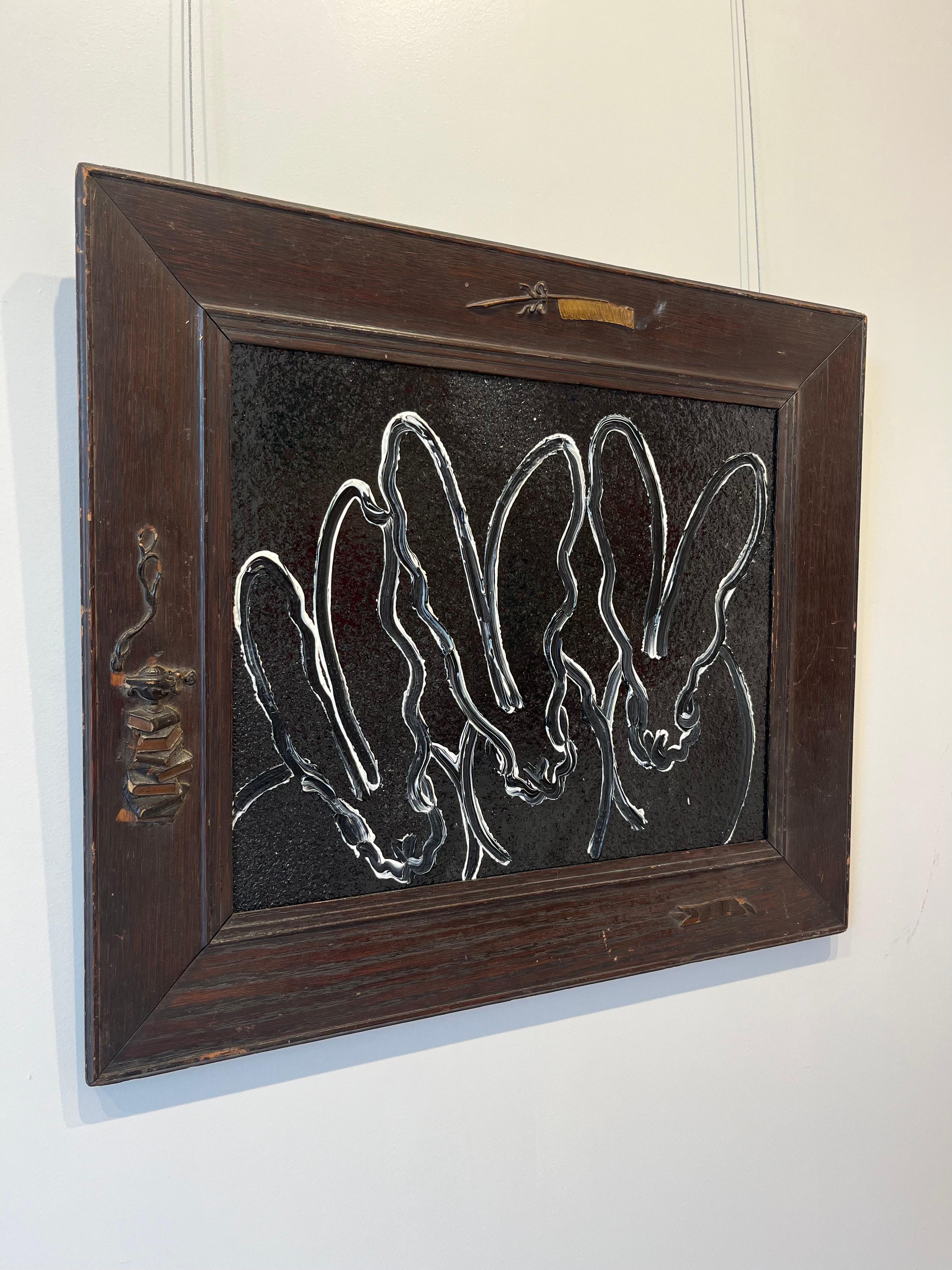 Night Dream Black/White Bunnies Original Oil Painting in Ornate Vintage Frame For Sale 3