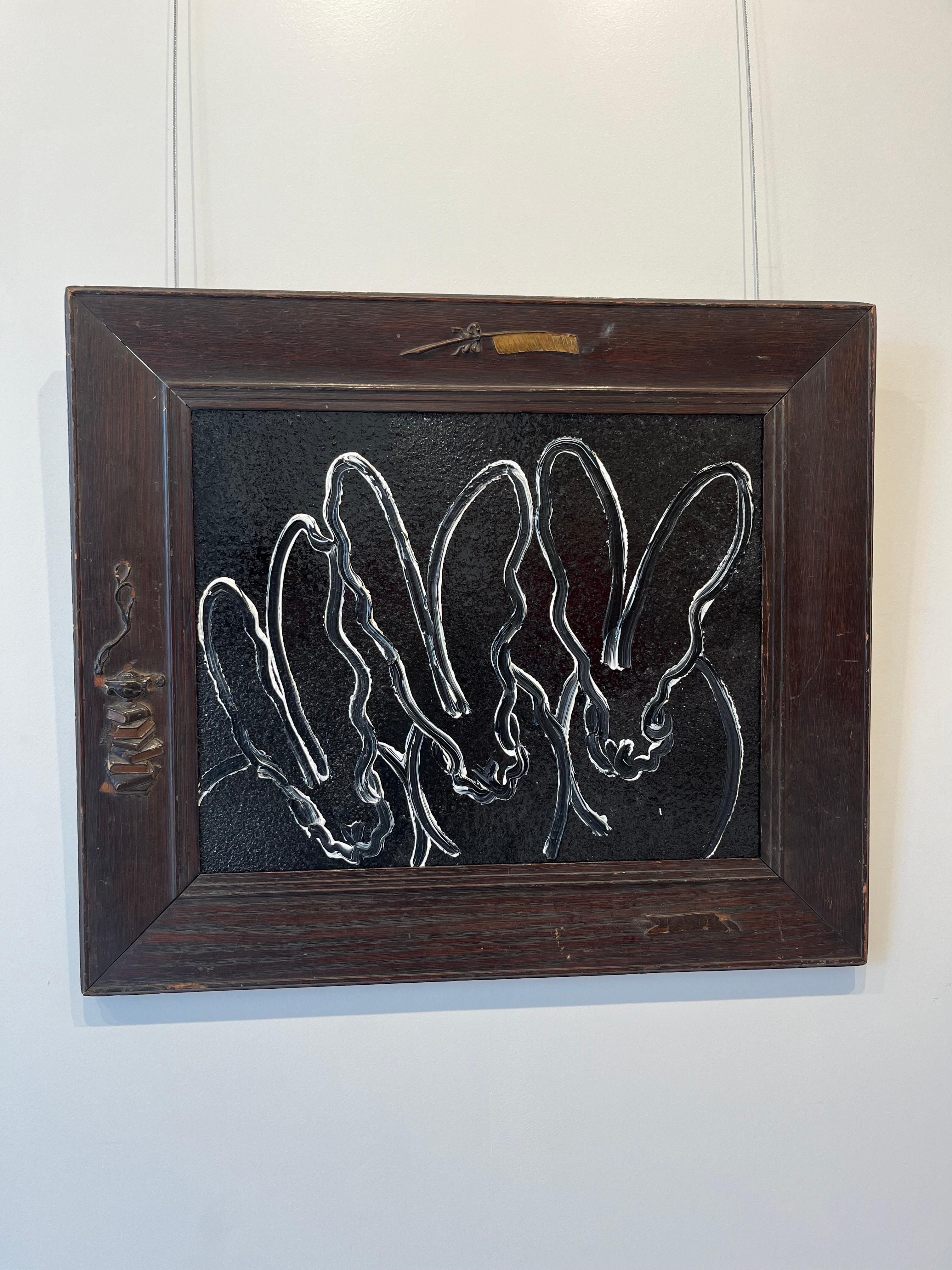 Night Dream Black/White Bunnies Original Oil Painting in Ornate Vintage Frame For Sale 4
