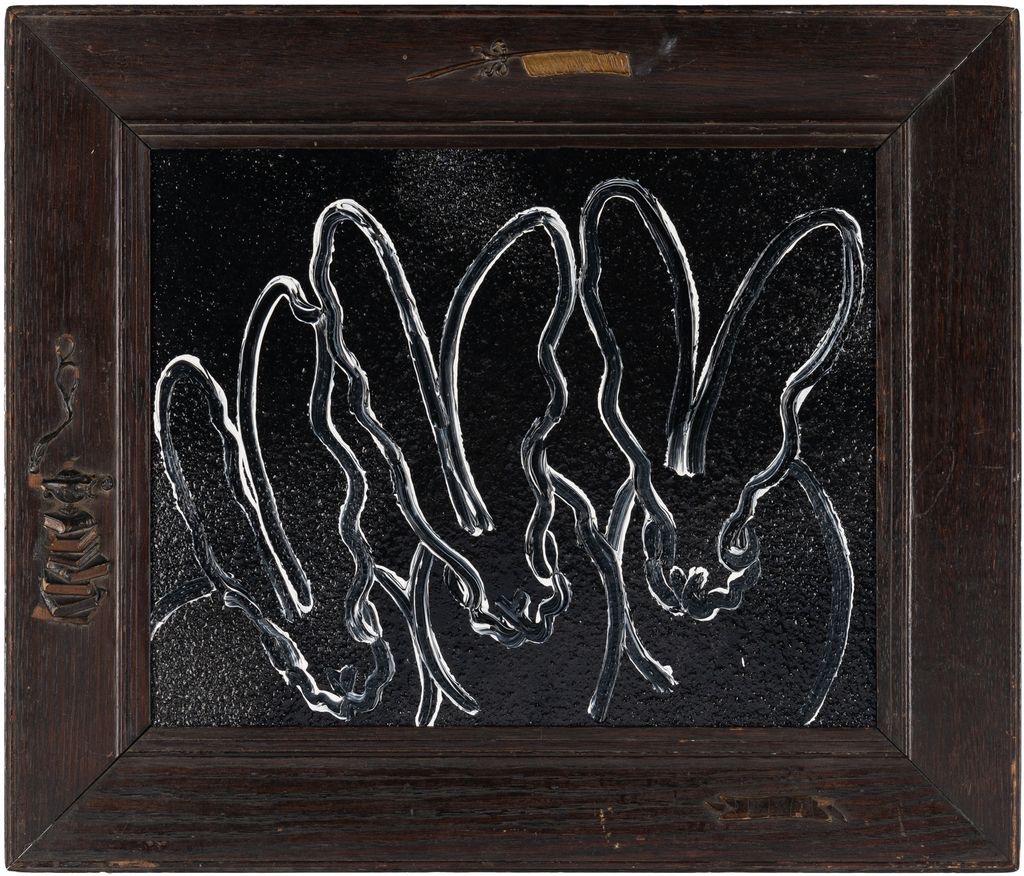 Hunt Slonem Figurative Painting - Night Dream Black/White Bunnies Original Oil Painting in Ornate Vintage Frame