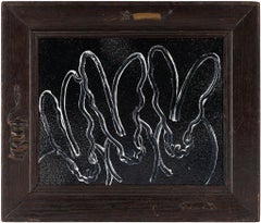 Peinture à l'huile originale Night Dream Black/White Bunnies dans un cadre vintage orné