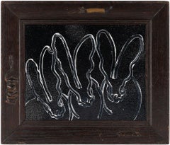 Sueño Nocturno Conejitos Negros/Blancos Pintura al Óleo Original en Marco Vintage Ornamentado